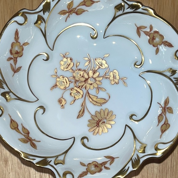 Vintage PM Germany Porcelain Pedestal Centerpiece Bowl Gold Gilt Red Floral Dish - Picture 4 of 8